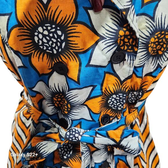 African Ankara Dress Womens SZ Medium Linen Bold Artsy Colorful Double Breasted - Picture 2 of 4